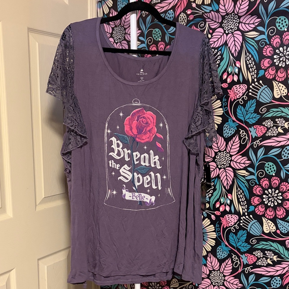 Disney Purple Lace Sleeve Tee with Beauty and the Beast Rose Graphic